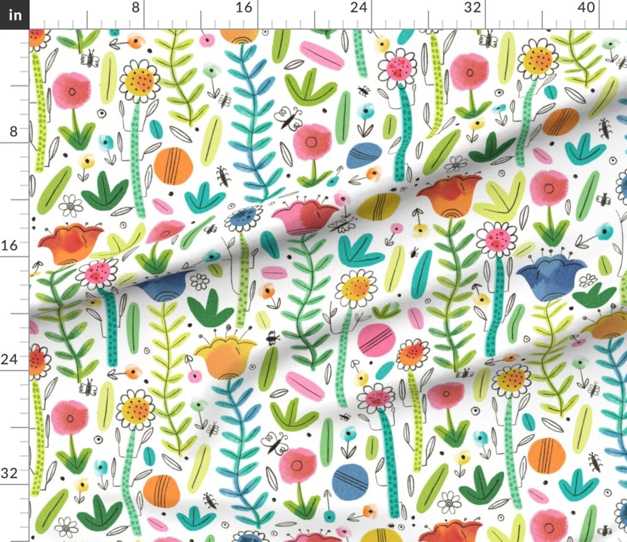 Spring Floral Bright Flowers Plants Colourful Hand Drawn Watercolor Insects Custom Printed Fabric by Spoonflower Various Fabrics by the Yard or Fat Quarter